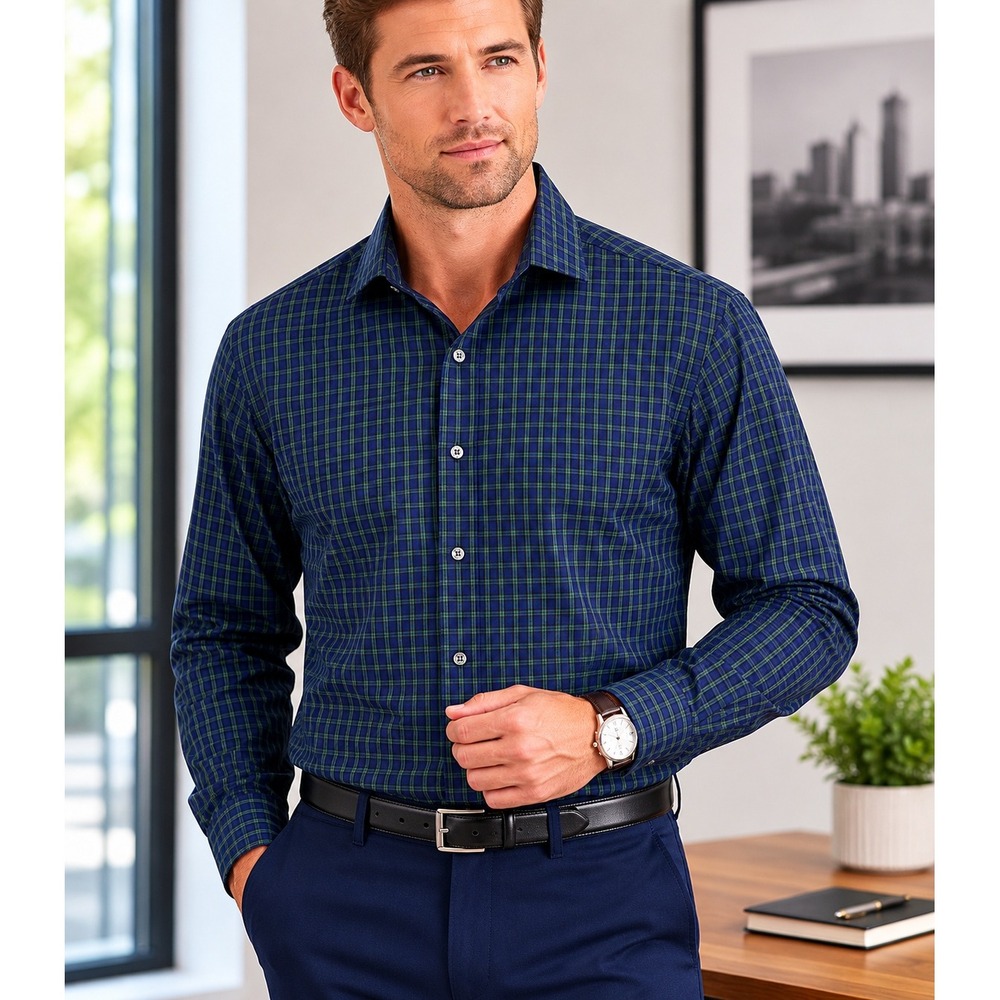 Club Room Mens Regular Fit Check Dress Shirt Navy Green‎ 15.5 34/35 100173122MN